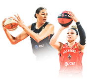 Editorial illustration of two WNBA basketball players, one in a dark uniform and one in a red Las Vegas uniform, holding basketballs.
