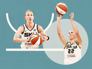 Editorial illustration of two Chicago Sky WNBA players in white uniforms holding basketballs against a teal grid background with geometric shapes.