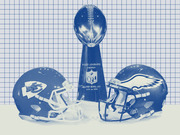 Blue-tinted editorial illustration of the Vince Lombardi Trophy flanked by Kansas City Chiefs and Philadelphia Eagles helmets for Super Bowl LVII on a grid background.