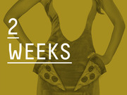 Gold-tinted editorial graphic showing a person from behind with large white text reading 2 WEEKS overlaid on the image.