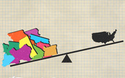 Editorial illustration showing a balance scale with colorful gerrymandered congressional districts outweighing a silhouette of the United States, on a graph-paper background.