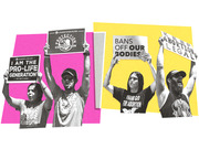 Collage of black-and-white protest photos on colored backgrounds showing pro-life and pro-choice demonstrators holding signs about abortion.