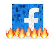 Editorial illustration of a distorted, cracked Facebook logo engulfed in fire emoji flames, symbolizing controversy or crisis at Facebook.