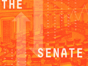 Orange-tinted editorial illustration featuring the U.S. Senate chamber overlaid with numbers, arrows, and a line graph, with the text THE SENATE.