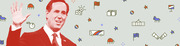 Editorial illustration of a red-tinted politician waving, surrounded by small political icons including flags, money, a campaign bus, stars, and party symbols on a light green background.
