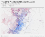 Dot density map of the 2012 Presidential Election in Austin, Texas, where each blue dot represents one Obama vote and each red dot represents one Romney vote.