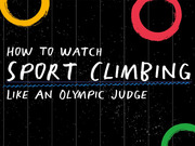 Title card with hand-lettered text reading How to Watch Sport Climbing Like an Olympic Judge on a dark background with colorful Olympic-ring-style circles.