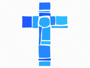 A decorative illustration of a Christian cross composed of segmented blue rectangular shapes and a circular center element on a white background.