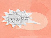Editorial illustration showing a vintage map of Kansas styled as a comet or shooting star against a coral pink background.