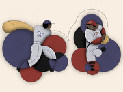 Abstract editorial illustration of two baseball players composed of overlapping circles in navy, red, black, and gold tones.