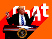 Editorial illustration of President Trump at a podium with the Presidential seal, set against an orange background with large white text reading ChAt.