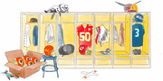 Watercolor illustration of NFL team lockers showing various controversial or changing team identities, with helmets and jerseys including Washington and Kansas City Chiefs gear.