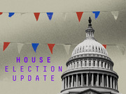 Editorial illustration showing the US Capitol dome with red, white, and blue bunting flags and the text House Election Update in purple letters.