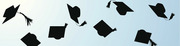 Silhouettes of graduation mortarboard caps tossed in the air against a light blue background.