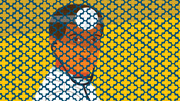 Stylized editorial illustration of a person's face composed of overlapping cross/plus-sign patterns in yellow, orange, white, and teal.