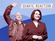 Editorial illustration showing two politicians on a blue background with the title Senate Reaction in a red-and-blue bordered box.