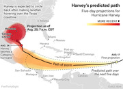 Map showing Hurricane Harvey's predicted five-day path from the Caribbean to the Texas coastline, with projections as of Aug. 25, 7 a.m. CDT, sourced from NOAA.