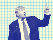 Blue-tinted editorial illustration of a man in a suit speaking at a podium with microphones, pointing upward, set against a grid-paper background.