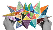 Collage illustration of two hands holding a colorful star shape made of triangular pieces featuring charts, grids, circuit diagrams, and numbers.