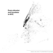 Dot density map of New York City showing the location of every elevator and escalator, with the densest concentration in Midtown Manhattan.