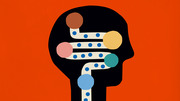 Editorial illustration of a human head silhouette containing a winding dotted path connecting colorful circles, suggesting thought processes or decision-making, on an orange background.