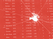 A red data table showing gun death statistics by sex and year overlaid with a shattered glass bullet hole graphic as an editorial illustration.