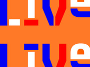 Bold typographic editorial illustration with the word LIVE repeated in large overlapping letters in blue, red, and white on an orange background.