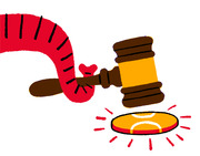 Cartoon illustration of a red striped arm holding a judge's gavel striking a glowing gold coin with red radiant lines.