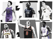 Editorial collage of six college basketball players in jerseys from Furman, FDU, Purdue, Iowa State Cyclones, Princeton, and Kansas celebrating.