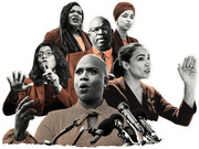 Editorial photo collage of six politicians in black-and-white and orange tones, arranged in a group composition against a white background.