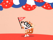 FiveThirtyEight mascot fox wearing glasses and a press badge waves a red RNC pennant flag under red, white, and blue star-covered bunting decorations.