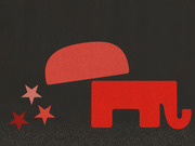 Stylized red Republican Party elephant symbol with stars on a dark background, used as editorial illustration.
