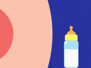 Editorial illustration showing an abstract pink breast shape on the left and a baby bottle on a blue background on the right, representing breastfeeding versus formula feeding.