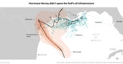 Map showing Hurricane Harvey's path and wind swath over the Gulf of Mexico overlaid with Gulf oil infrastructure including refineries, pipelines, and platforms.