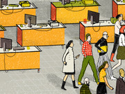 Editorial illustration showing people walking past rows of computer workstations in an office or voting center setting.