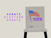 Editorial illustration for FiveThirtyEight's Senate Election Update featuring a voting sign on an easel with an American flag and the word VOTE in purple.