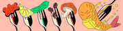 Colorful editorial illustration of five forks each holding different foods including a gummy bear, lemon slice, cucumber, coffee beans, mushroom, and pasta on a pink background.