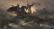 Fantasy battle scene painting showing two armored knights on horseback clashing amid a smoky battlefield, one with a sword and red cape, the other with antlered helm and warhammer.