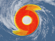 Editorial illustration of a hurricane viewed from above, with a stylized red and yellow heat-map overlay on the storm's spiral and eye.