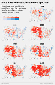 Seven US county-level maps from 1992 to 2016 showing counties where presidential candidates won the two-party popular vote by more than 20 percentage points, colored red or blue by party margin.