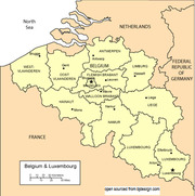 Political map of Belgium and Luxembourg showing provinces, major cities, and neighboring countries including France, Netherlands, Germany, and the North Sea.