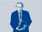 Blue-tinted editorial illustration of an older man in a suit holding documents, set against a grid paper background.