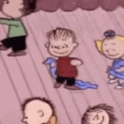 Cartoon illustration of Peanuts characters including Linus dancing in the rain