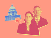 Editorial collage illustration featuring two people in front of a coral background alongside a blue US Capitol building and peaches, likely related to impeachment coverage.