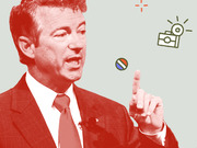 Editorial illustration of a politician in red duotone with decorative icons including a camera and a bipartisan symbol on a muted green background.