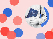 Editorial collage illustration showing a person holding a Holy Bible, surrounded by overlapping red and blue circles on a pink background.
