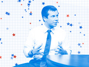 Blue-tinted editorial illustration of a man in a white shirt and tie seated at a table, surrounded by red and blue stars on a grid background.