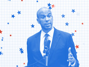 Blue-tinted editorial illustration of a man in a suit speaking at a microphone, surrounded by red and blue stars on a grid background.