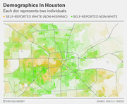 Dot density map of Houston demographics showing self-reported white non-Hispanic residents as orange dots and non-white residents as green dots, each dot representing two individuals.
