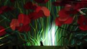 Editorial illustration of a small human silhouette dwarfed by giant red poppy flowers with glowing green stems and a beam of light.